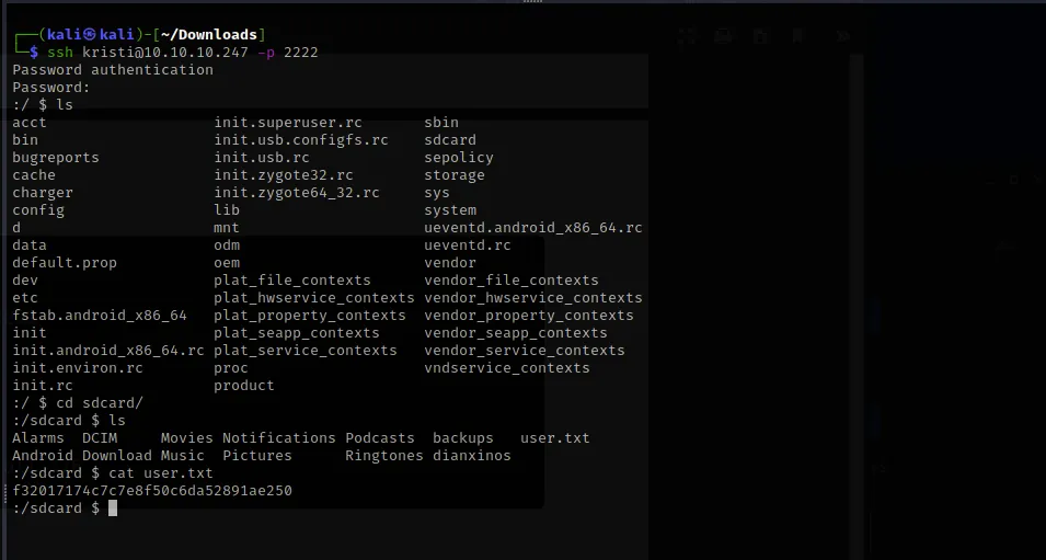 SSH login as kristi, user flag in sdcard
