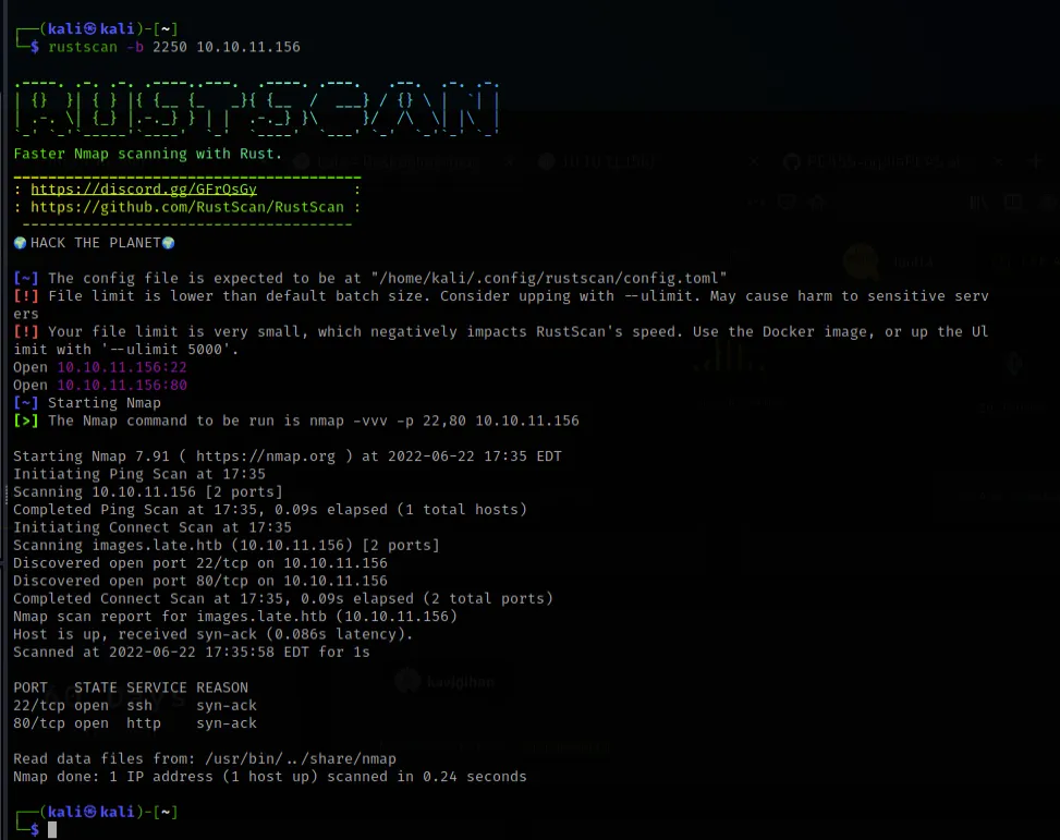 RustScan results showing open ports