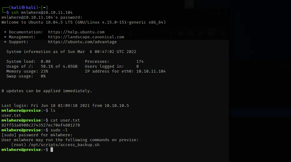 SSH login, user flag, and sudo -l