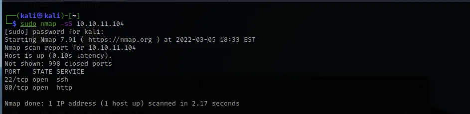 Nmap scan showing ports 22 and 80